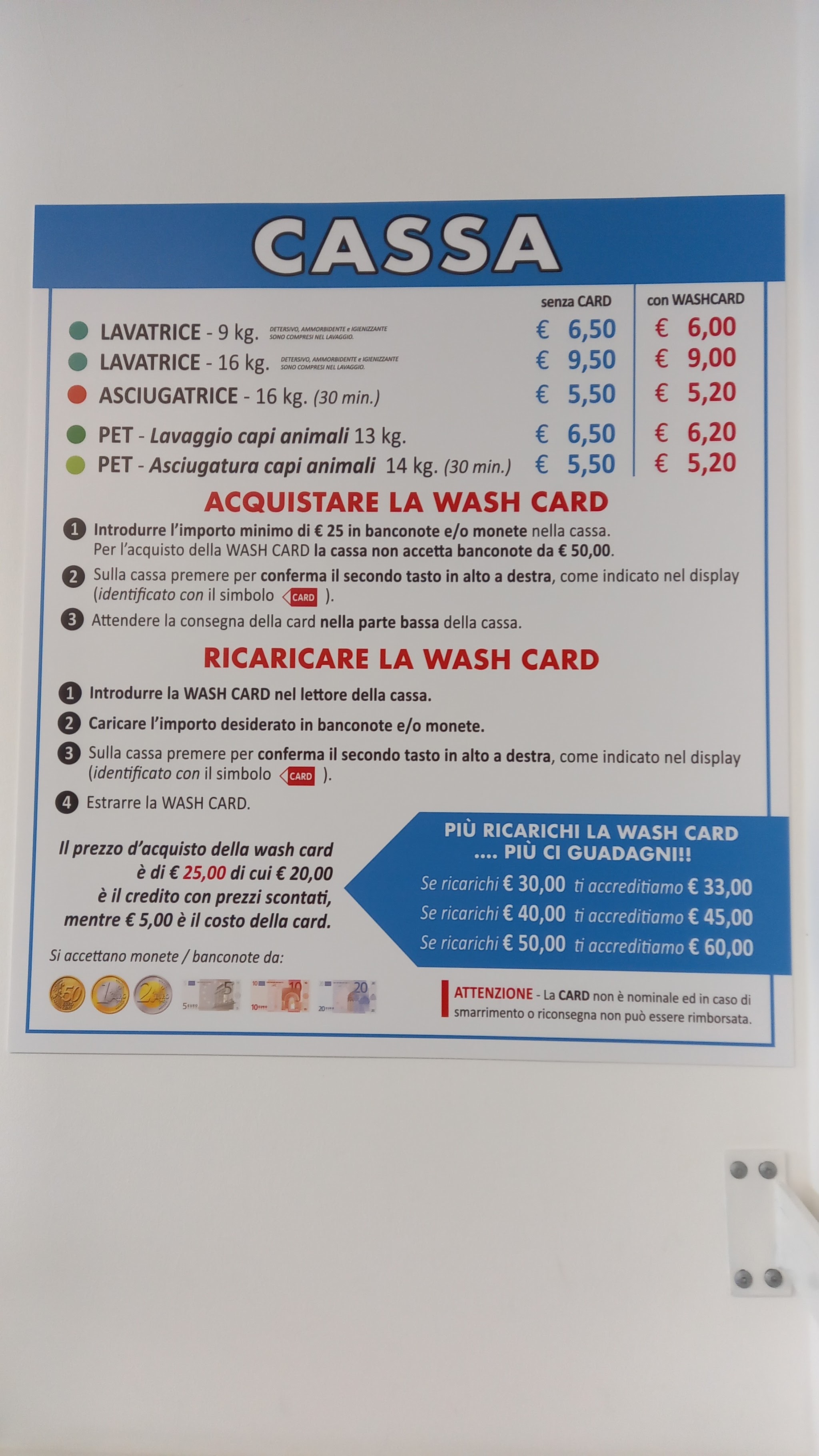 Listino completo e condizioni della Wash Card